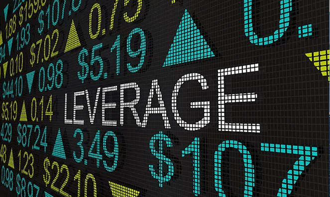 Stock market numbers with the word levarage on screen